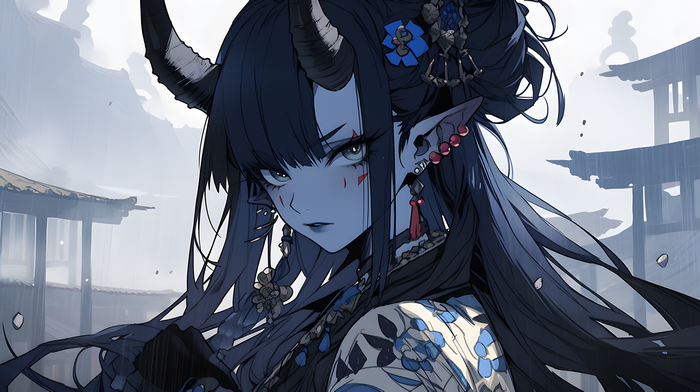 4K Anime Girl with Horns and Blue Flowers