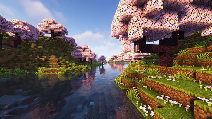 4K, trees, sky, Minecraft, water, flowers, cherry blossom, cube ...