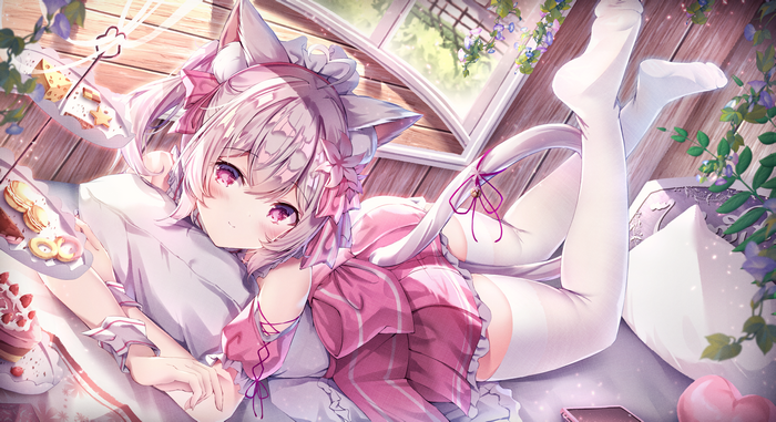 4K Cat Girl with Sweets and Flowers