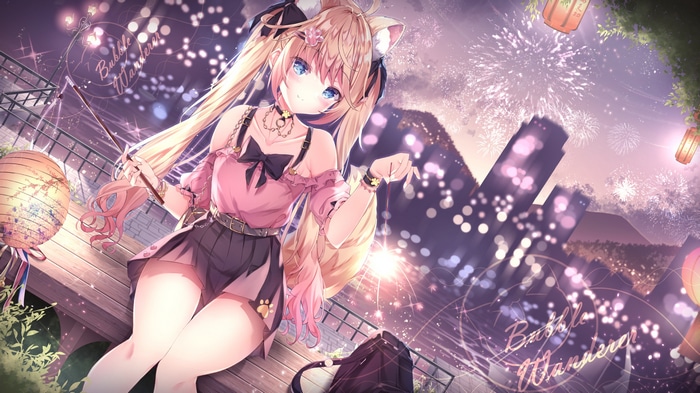 Cat girl with twintails and fireworks