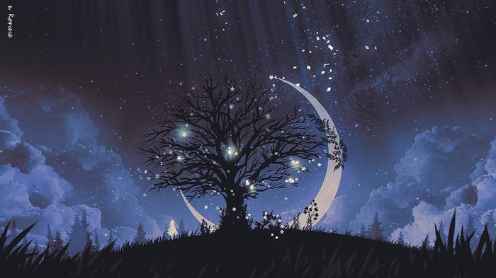 Night sky with a tree and crescent moon