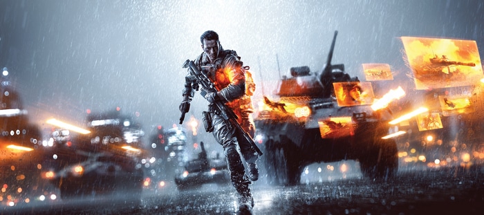 Battlefield 4 soldier running in the rain with a tank
