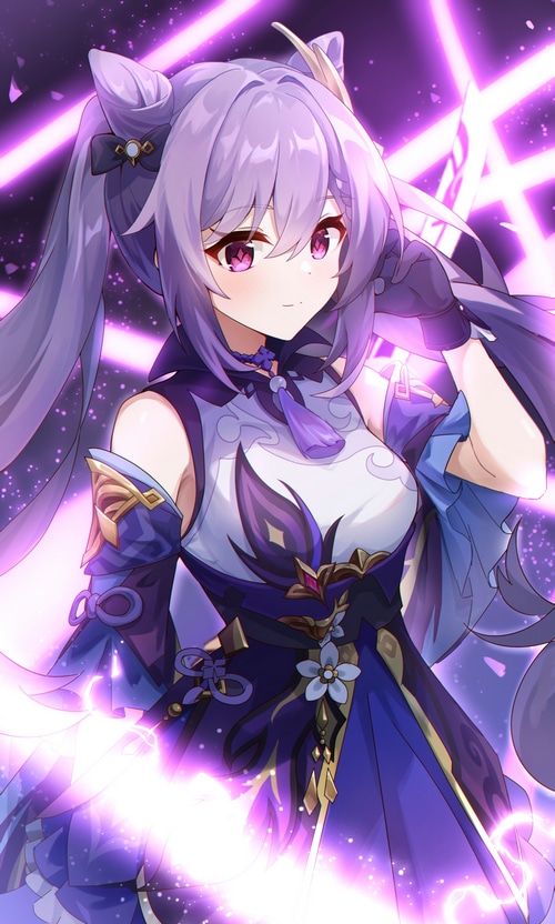Keqing from Genshin Impact with purple hair and eyes