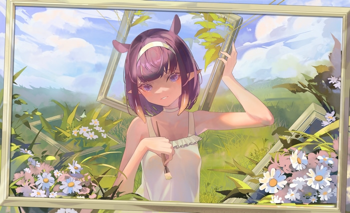 Ninomae Ina'nis holding a paintbrush in a field of flowers