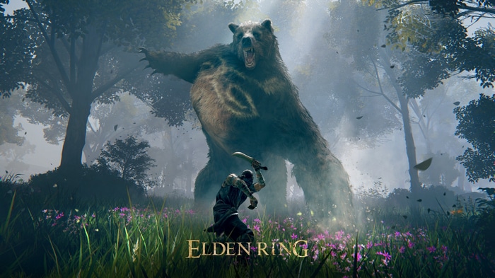 Elden Ring: Giant Bear Fights Warrior in Forest