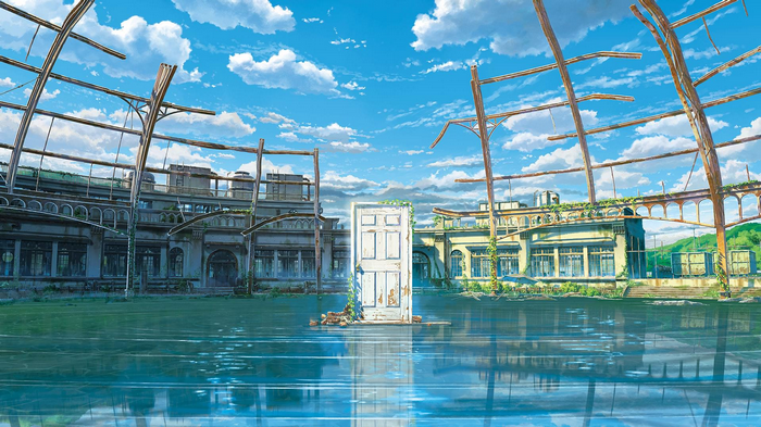 Suzume's door in a flooded abandoned building