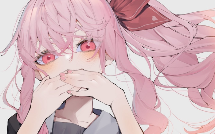 4K anime girl with pink hair covering face