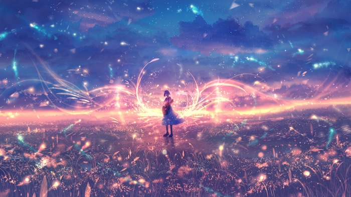 Girl in a field with glowing lights and clouds
