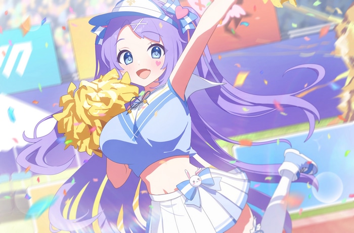 Cheerleader girl with purple hair and pom-pom
