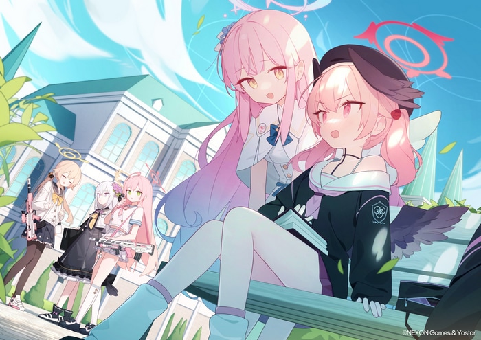 Blue Archive girls with guns and books on a bench