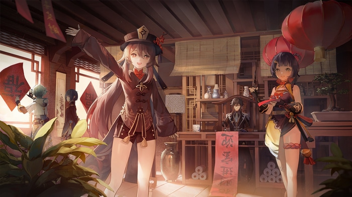 Genshin Impact characters Hu Tao, Xiangling, Xingqiu, Chongyun, and Zhongli indoors