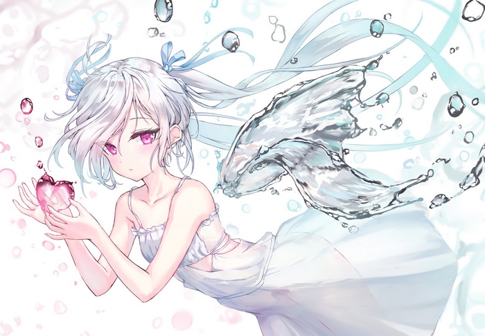 Anime girl with twintails holding a heart and water splashes