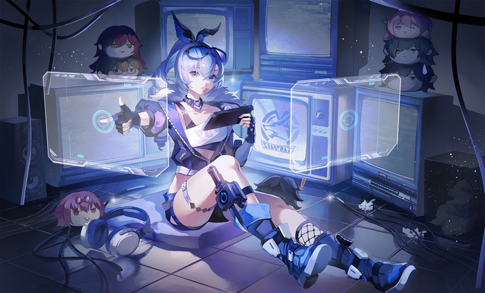 Girl with blue ponytail and headphones playing tablet