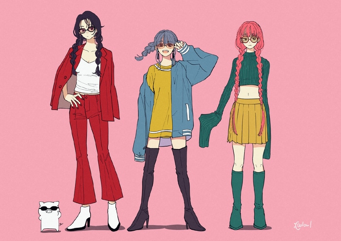 Three girls with braids and glasses on a pink background