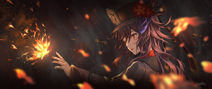 Hu Tao from Genshin Impact with a fiery butterfly