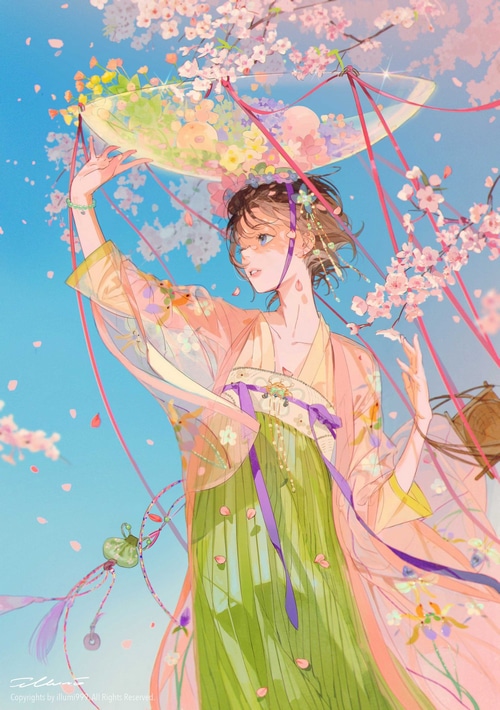 Girl in traditional Chinese clothing under cherry blossoms