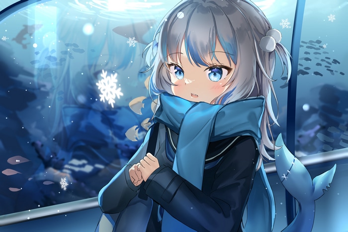 Gawr Gura in front of an aquarium with snowflakes