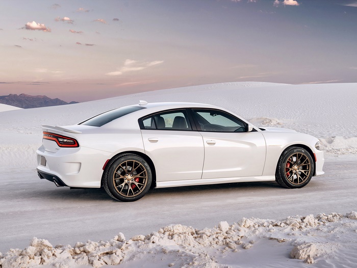 White 2015 Dodge Charger SRT Hellcat in desert