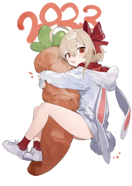 Anime girl in bunny costume hugging a carrot