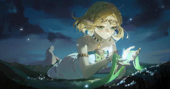 Zelda with glowing light in the night sky