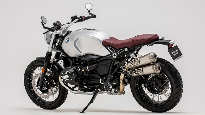 4K BMW R nineT Scrambler motorcycle on white background