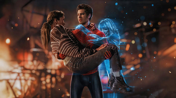 Spider-Man carrying MJ and Gwen Stacy