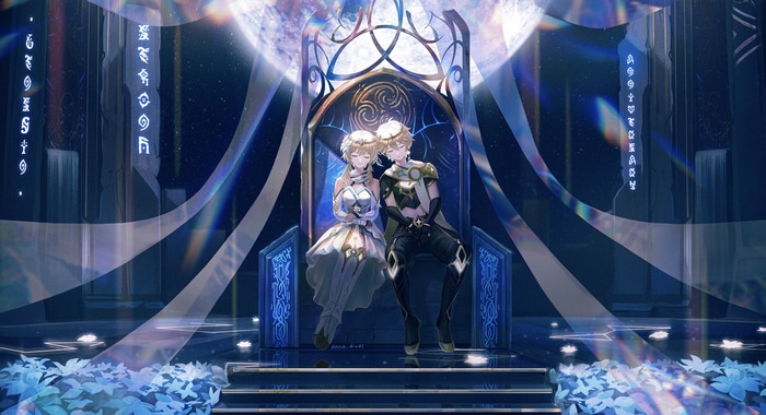 4K Lumine and Aether on a throne in Genshin Impact