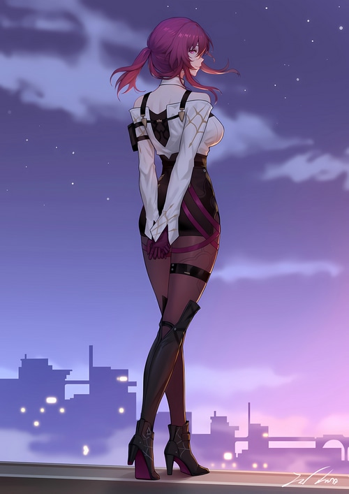 Kafka from Honkai: Star Rail looking back at the city