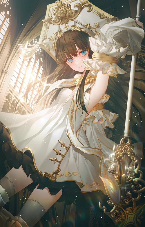 Girl in white dress holding a ornate weapon near a window