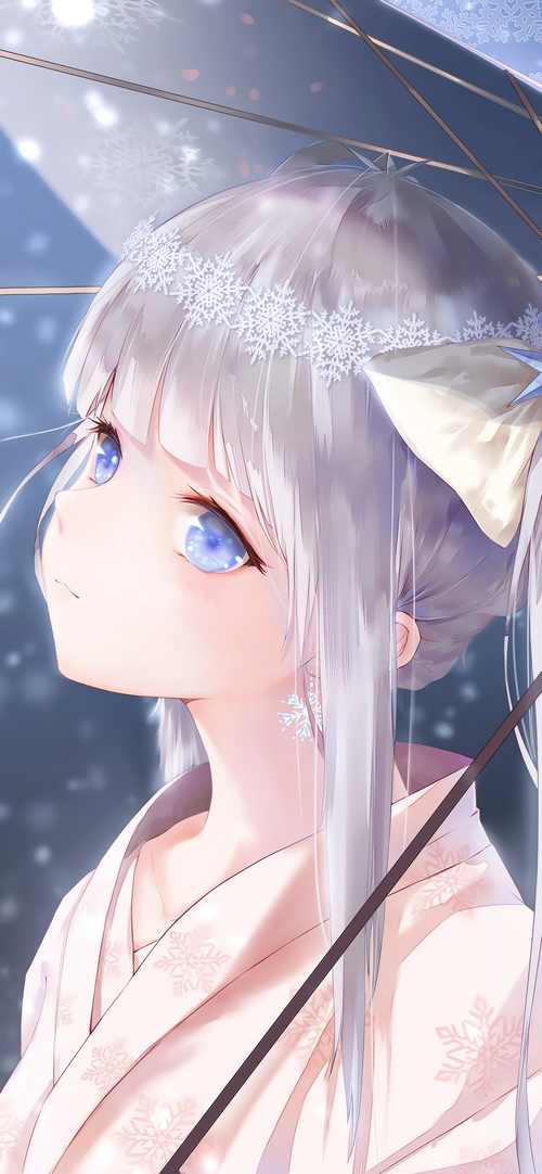 Anime girl with silver hair and blue eyes under an umbrella