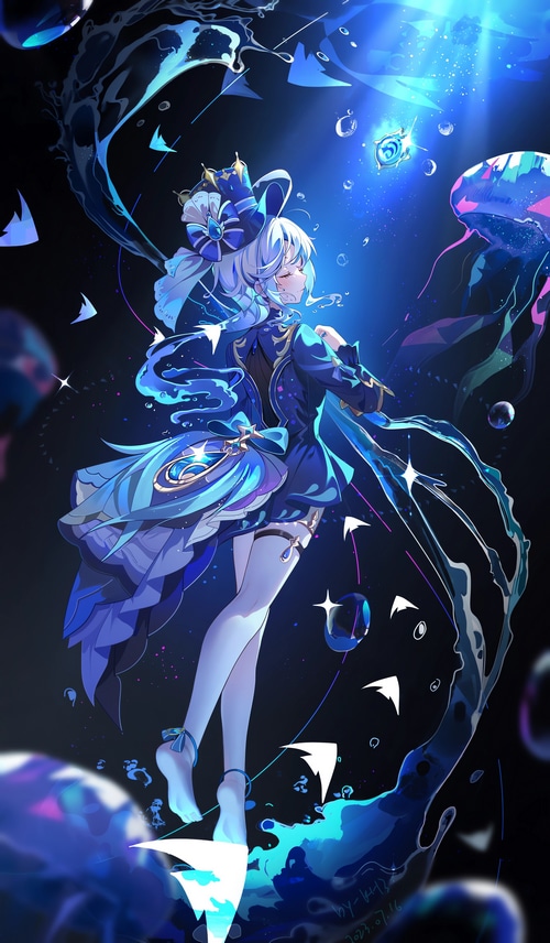Focalors from Genshin Impact in a blue underwater scene