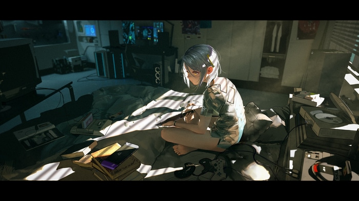 Girl sitting on a bed with consoles and books