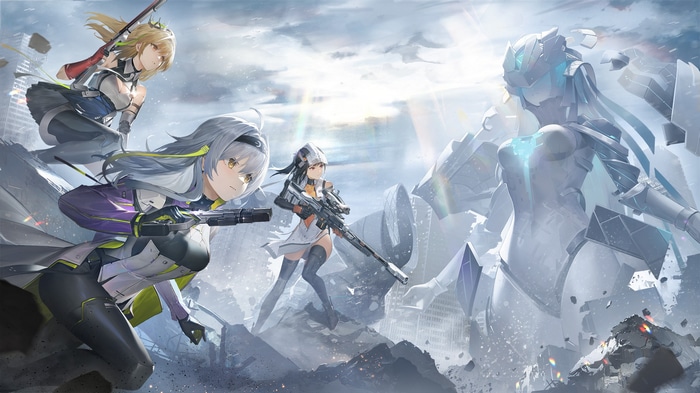 Four girls with guns facing a giant robot in a ruined city