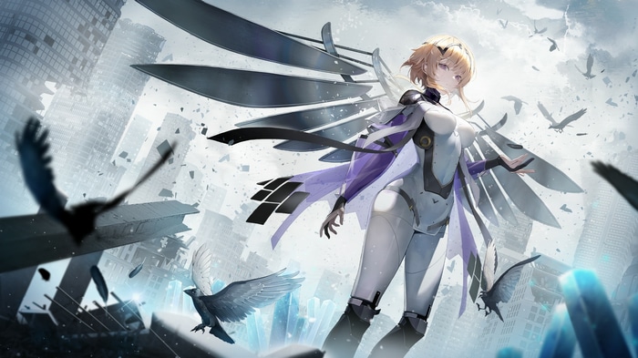 Girl with wings and birds in a destroyed city