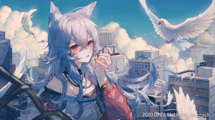 4K Fox Girl with Birds and Buildings