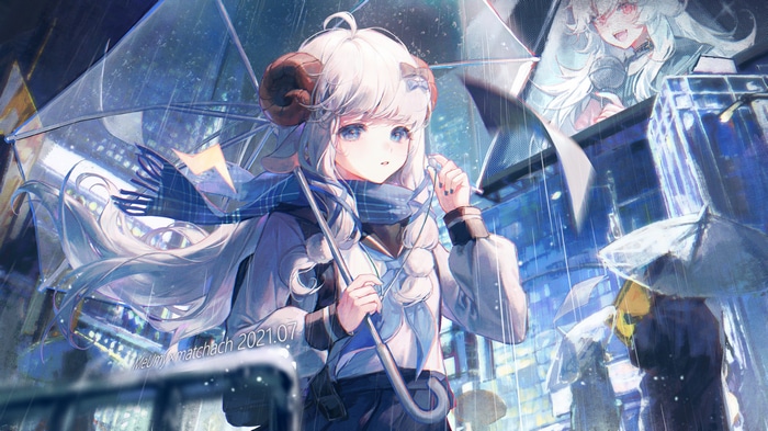 Anime girl with horns and scarf in the rain