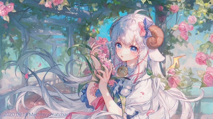 Anime girl with horns and flowers