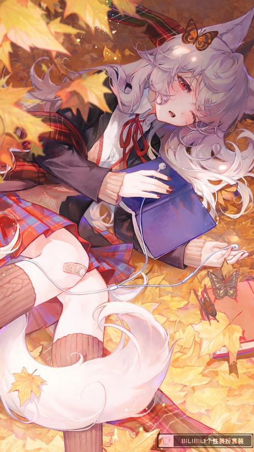 Fox girl in school uniform with butterflies and leaves