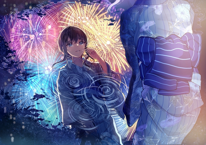 Girl in Kimono Crying at Fireworks Display