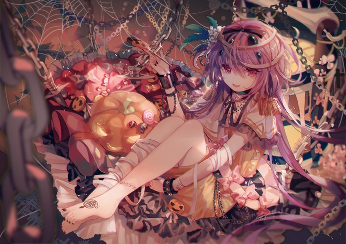 Anime girl with pink hair and Halloween decorations