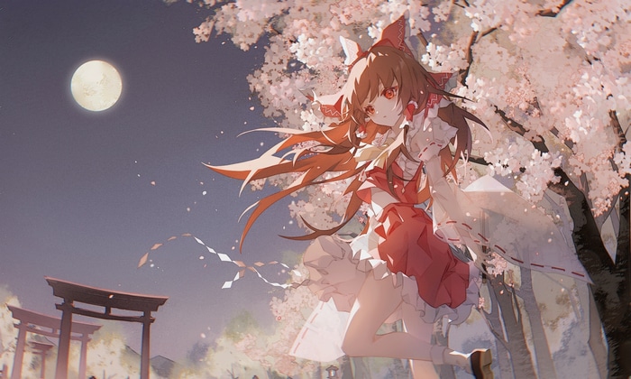 Hakurei Reimu under the Moon with Cherry Blossoms