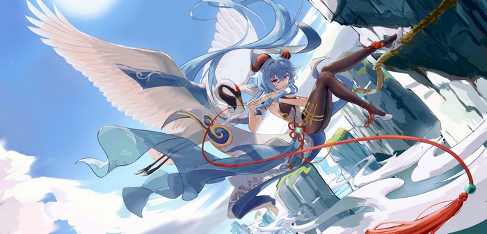4K Ganyu playing flute with wings and crane