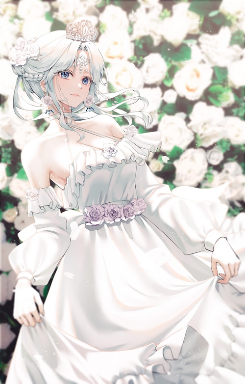 Anime girl in white dress with tiara and flowers