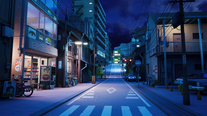 Night street in Tokyo with a convenience store and bicycles