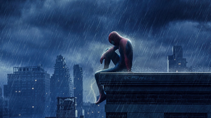 Spider-Man sitting on a rooftop in the rain