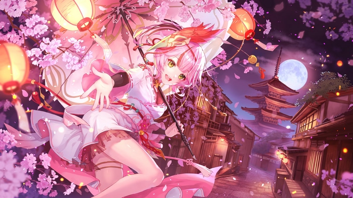 Anime girl with pink hair and umbrella under cherry blossoms