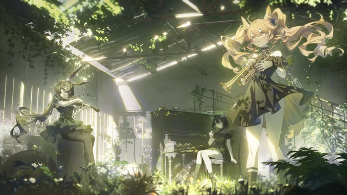 Arknights characters playing music in a greenhouse