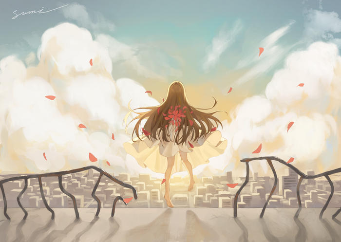Girl with flower in hair on rooftop overlooking city