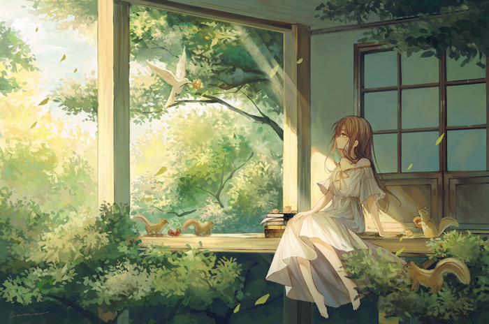 Anime girl sitting by window with squirrels and bird