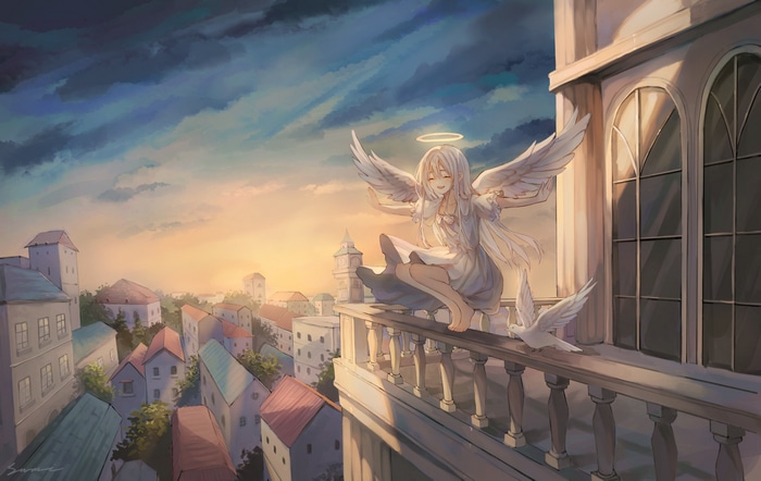 Angel with wings and birds overlooking a city at sunset